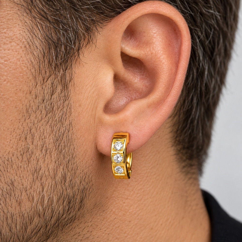 Huggie Hoop Earrings Unisex OS Gold Metal Brand New 3Stone Lab Created Stone New